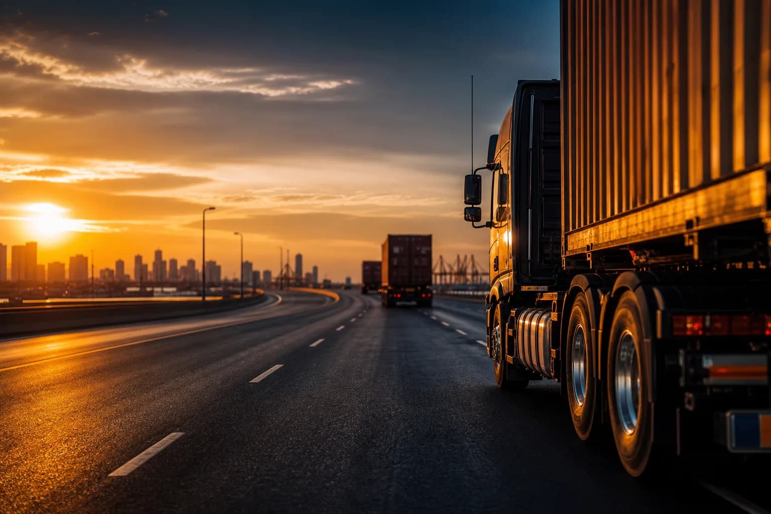Premium freight trucks on highway at golden hour